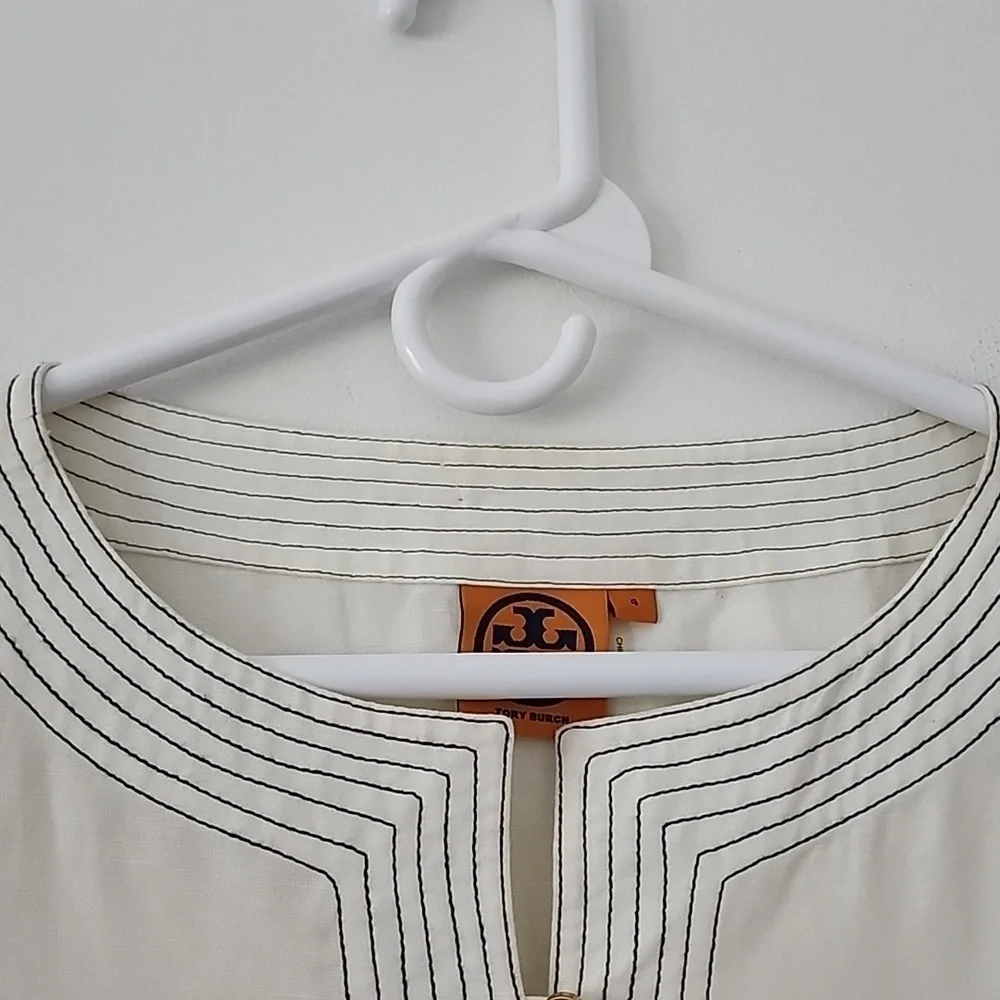 Tory Burch Boho Chic White Tunic with Black Stitch Detail and Gold Buttons Sz 4